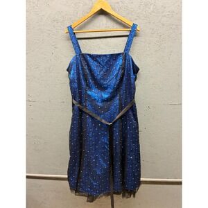 Blu Sage Blue Sleeveless Dress 20W Women's Sequin Mesh Overlay‎ Belted Party
